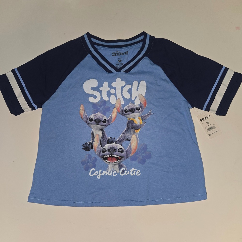 Disney Stitch Cosmic Cutie Raglan Graphic T-Shirt Blue Navy XXS New